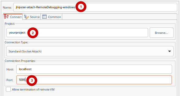 JHipster Eclipse Remote Debug launch Configuration Settings