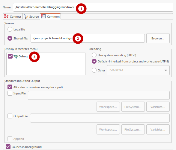 JHipster Eclipse Remote Debug launch Configuration Sharing Settings