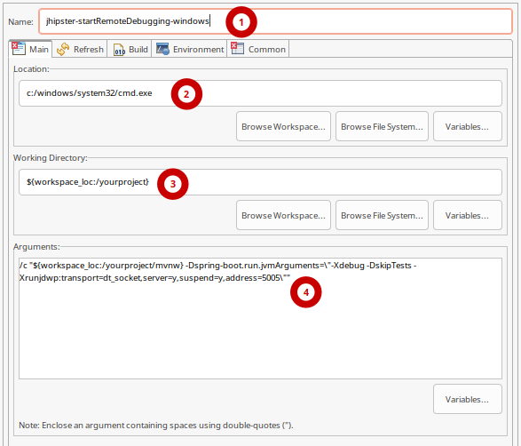 JHipster Eclipse External-Tools Launch Configuration Settings