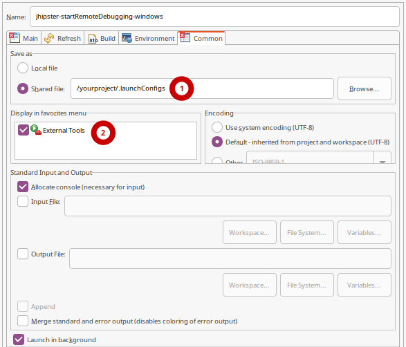 JHipster Eclipse External-Tools launch Configuration Settings Sharing